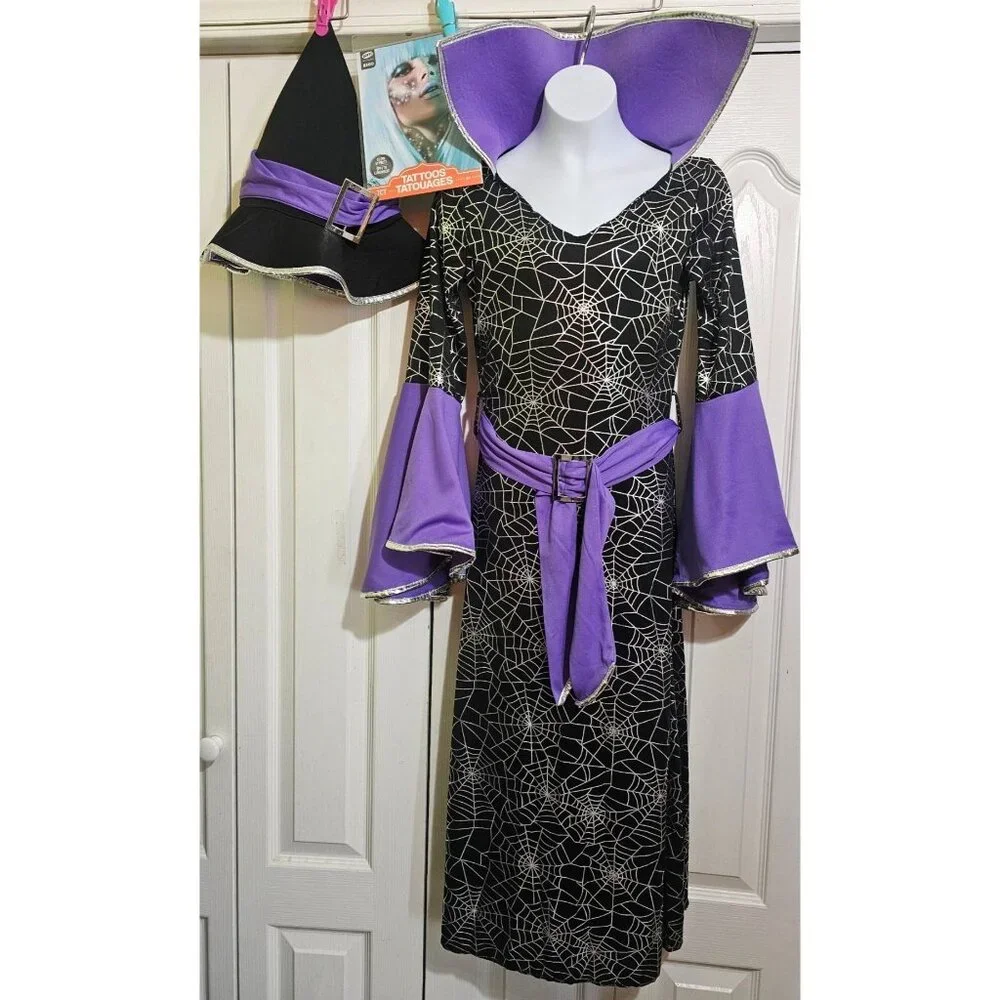 Purple Spiderweb Witch Costume Girls 10-12 Silver Black Dress Hat Halloween Glow
